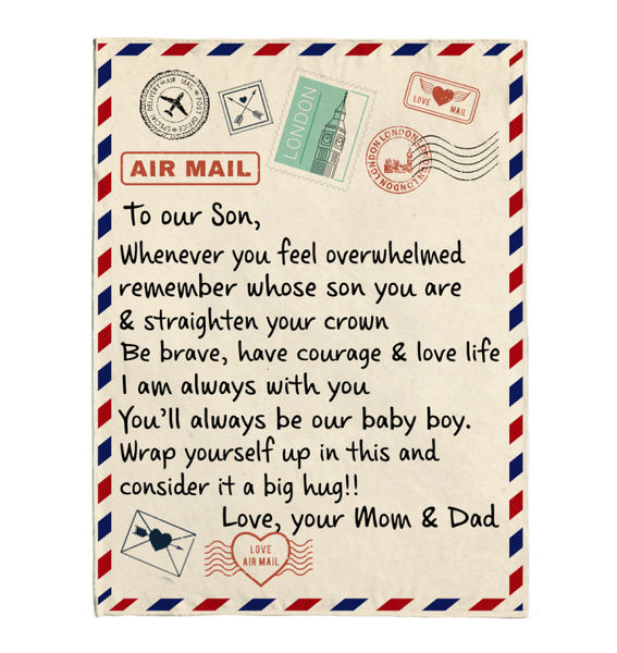 To Our Son Be Brave Have Courage Love Life Wrap Yourself Up Big Hug Gift From Dad Mom Letter Envelope Fleece Sherpa Mink Blanket