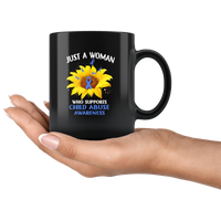 Just a woman who supports child abuse awareness sunflower cancer black coffee mug