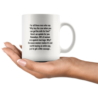 For All Those Men Who Say Why Buy The Cow When You Can Get The Milk For Free, 80% Of Women Are Against Marriage, Women Realize It's Not Worth Buying An Entire Pig, Just Get Sausage White Coffee Mug