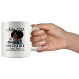 Black July girl living best life ain't goin back, birthday white gift coffee mug for women