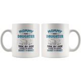 Mommy and daughter side by side hand in hand heart to heart white coffee mug