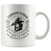 February Woman The Soul Of A Witch The Fire Lioness The Heart Hippie The Mouth Sailor white coffee mug