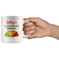 Today s Clusterfuck Danger Low Medium High Extreme Clock White Coffee Mug