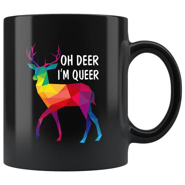 Oh Deer I'm Queer Funny Pun Colorful Deer LGBT Gay Pride Rainbow Black Coffee Mug