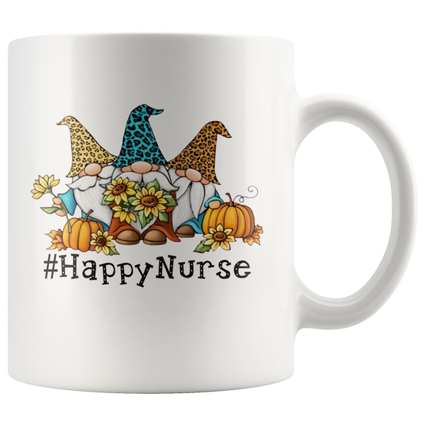 Happy Nurse Gnome Gnomies Autumn Pumpkin Sunflower Halloween Christmas Xmas Graphic Gift White Coffee Mug