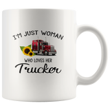 I'm just a woman who loves her trucker sunflower white coffee mug