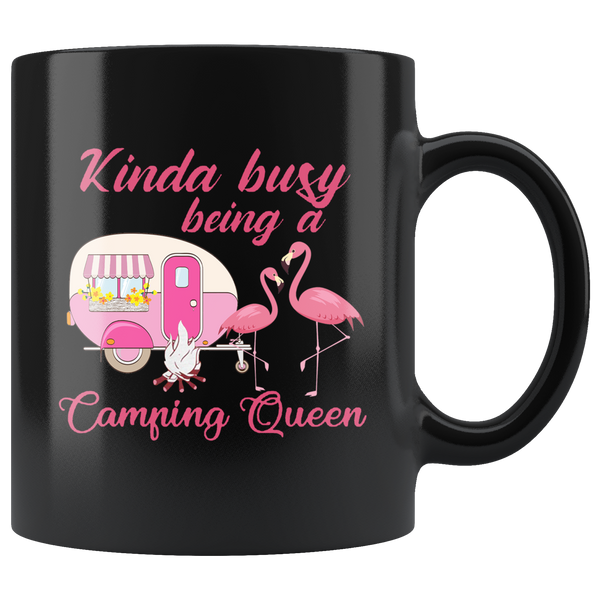 Kinda busy being a camping queen flamingo black coffee mug