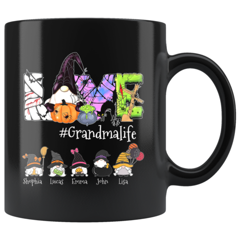 Personalized Halloween Grandma Life Love Gnomes, Halloween Gift Idea For Grandma Nana Mimi From Grandkids Name Black Coffee Mug