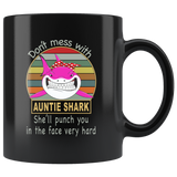 Don't mess with auntie shark, punch you in your face funny black gift coffee mug for aunt