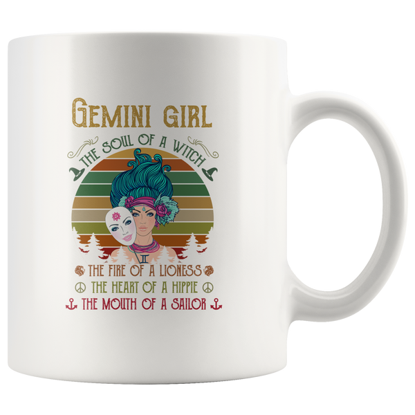 Gemini girl the soul of a witch fire lioness heart hippie mouth sailor vintage gift white  coffee mug