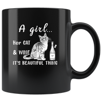 A girl her cat and wine it is beautiful thing black coffee mug gift