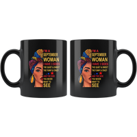 September woman three sides quiet, sweet, funny, crazy, birthday black gift coffee mug
