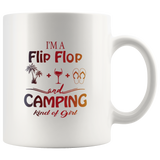 I am a flip flop and camping kinda of girl love camping white coffee mug