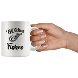 Bitches catch fishes hook, love fishing white coffee mug