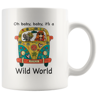 Oh baby it's a wild world girl elephant in hippie car white coffee mug