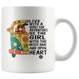 Hippie live with a spirit for adventure be the girl with messy hair open heart white coffee mug