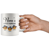 Personalized Nana Little Pumpkin Halloween Gift Idea For Mom Grandma Mimi From Grandkids Kids Customized Name White Coffee Mug
