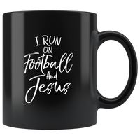 I run on football and jesus black coffee mug