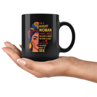 August woman three sides quiet, sweet, funny, crazy, birthday black gift coffee mug