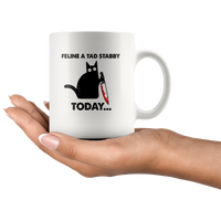 Feline A Tad Stabby Today Black Cat With Knife Halloween White Coffee Mug