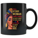 October woman three sides quiet, sweet, funny, crazy, birthday black gift coffee mug