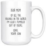 Dear Mom Off All The Vaginas In The World I'm Glad I Tumbled Out Of Yours Love Your Son White Coffee Mug
