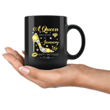 A Queen Was Born In January Glitter Diamond Shoes Birthday Gift For Girl Aunt Mom Black Coffee Mug