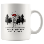 Hiking camping and into the forest i go to lose my mind and find my soul men coffee mug