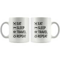 Eat sleep travel repeat white coffee mug