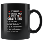 5 things you should know my girlfriend Queen, Tattoos, loves dogs funny gift coffee mug