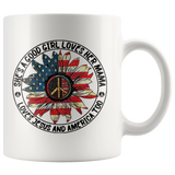 She's A Good Girl Loves Her Mama Loves Jesus and America Too Hippie American Flag White Coffee Mug