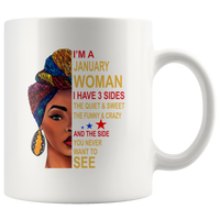 January woman three sides quiet, sweet, funny, crazy, birthday black gift coffee mugs