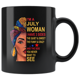 July woman three sides quiet, sweet, funny, crazy, birthday black gift coffee mug