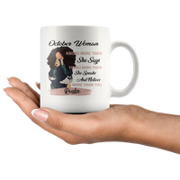 October Woman Knows More Than She Says Thinks Speaks Notices You Realize Black Girl Born In October Birthday Gift White Coffee Mug