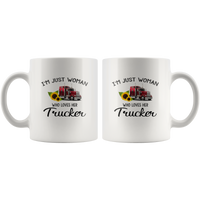 I'm just a woman who loves her trucker sunflower white coffee mug