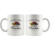 I'm just a woman who loves her trucker sunflower white coffee mug