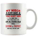 My Niece Is My Baby Today Tomorrow And Always You Hurt Her I'll Hurt You I Don't Care If She's 1 Day Or 50 Years Old I Will Defend & Protect Her All Of My Life White Coffee Mug